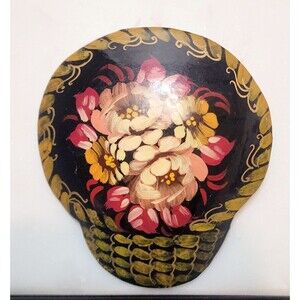 Vintage Russian Brooch Lacquer Hand Painted Flowers Floral Basket Black Pin 2”